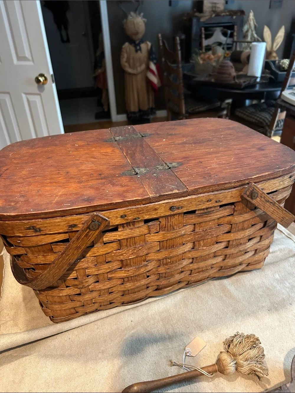 Woven Wood Picnic Basket with Hinged Wooden Lid - Brown